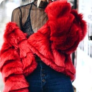 CHERRY RED FUR CROPPED JACKET